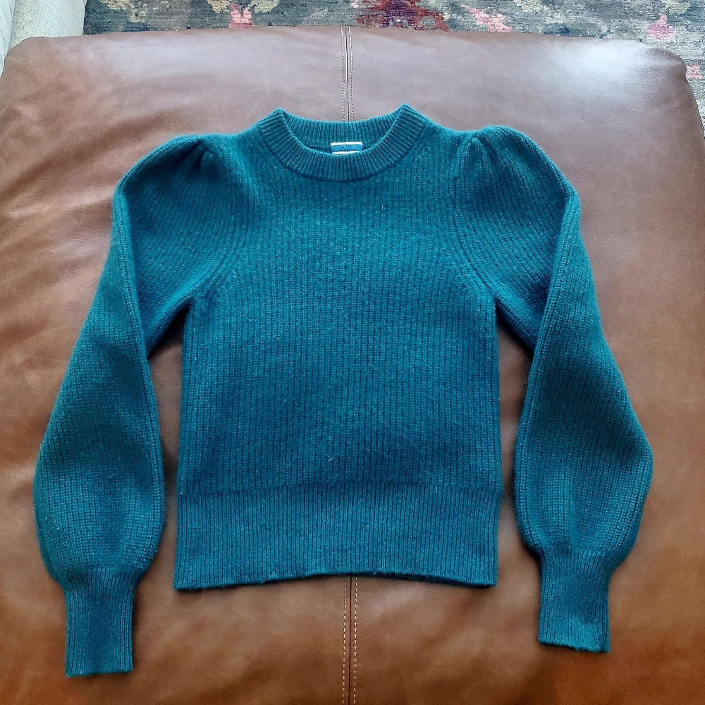 JCrew 100% Cashmere Puff Sleeve Sweater Emerald Teal Green Mock Neck (xs)